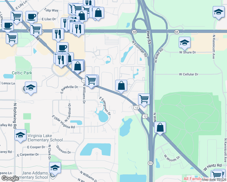 map of restaurants, bars, coffee shops, grocery stores, and more near 1322 East Ports O Call Drive in Palatine