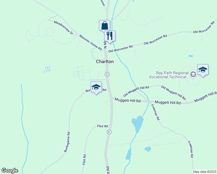 map of restaurants, bars, coffee shops, grocery stores, and more near Main Street in Charlton