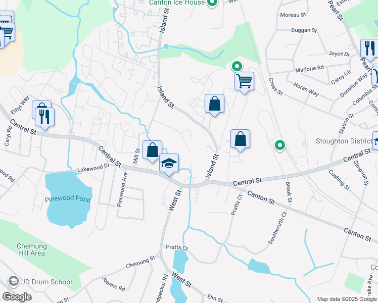 map of restaurants, bars, coffee shops, grocery stores, and more near 1779 Central Street in Stoughton