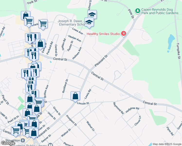 map of restaurants, bars, coffee shops, grocery stores, and more near 449 Pleasant Street in Stoughton
