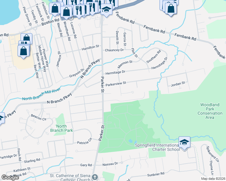 map of restaurants, bars, coffee shops, grocery stores, and more near 20 Parkerview Street in Springfield