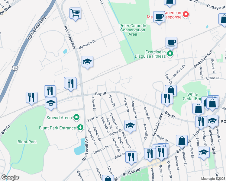 map of restaurants, bars, coffee shops, grocery stores, and more near 20 Bay Meadow Road in Springfield