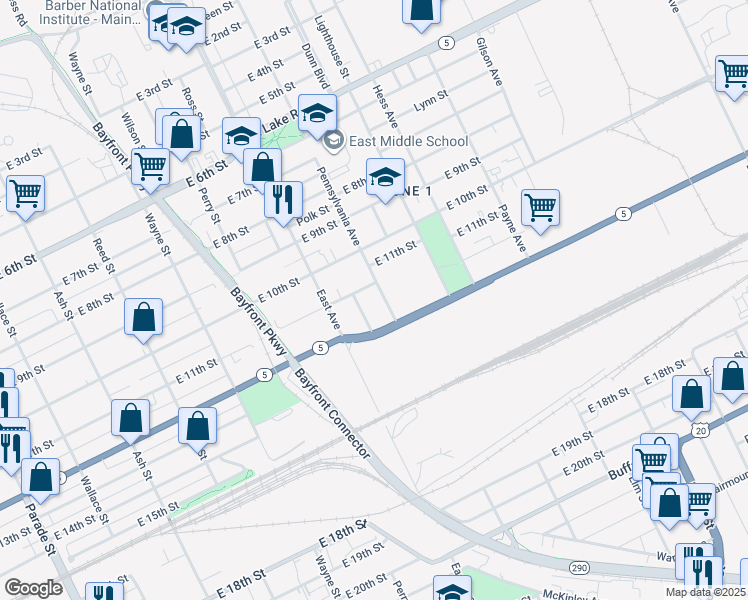 map of restaurants, bars, coffee shops, grocery stores, and more near 1052 East 11th Street in Erie