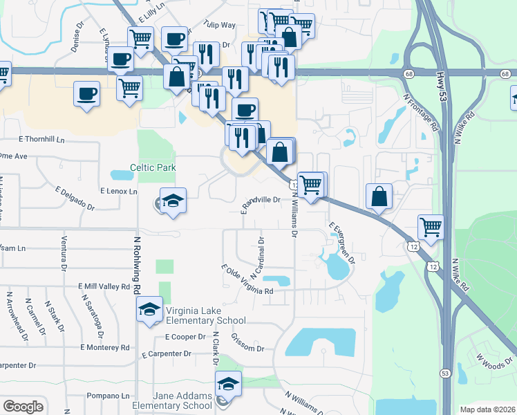map of restaurants, bars, coffee shops, grocery stores, and more near 1120 East Randville Drive in Palatine