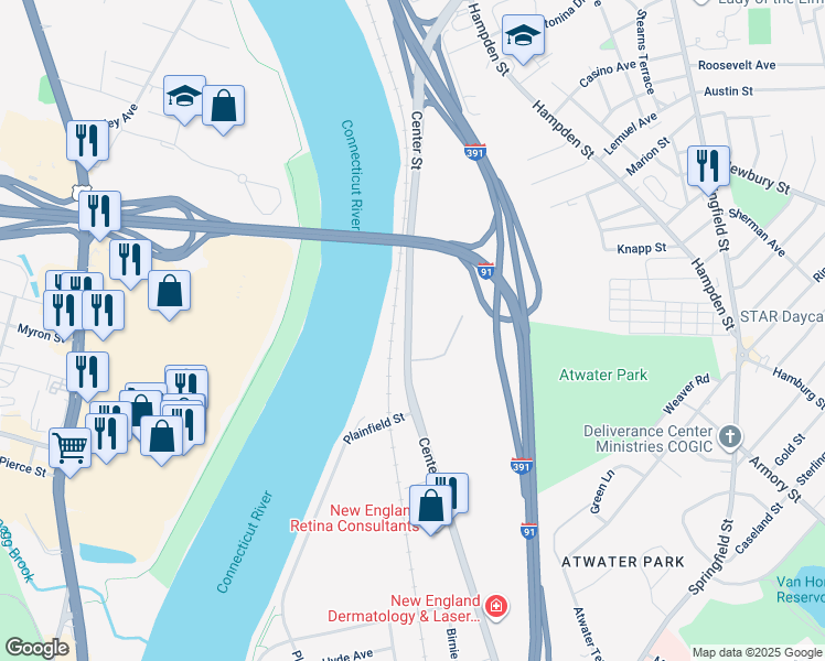 map of restaurants, bars, coffee shops, grocery stores, and more near 621 Center Street in Chicopee