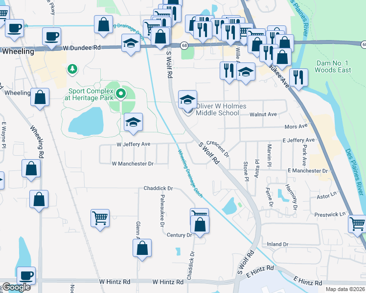 map of restaurants, bars, coffee shops, grocery stores, and more near 34 East Jeffery Avenue in Wheeling
