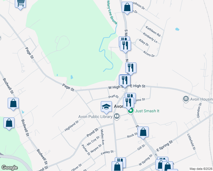 map of restaurants, bars, coffee shops, grocery stores, and more near 65 West High Street in Avon