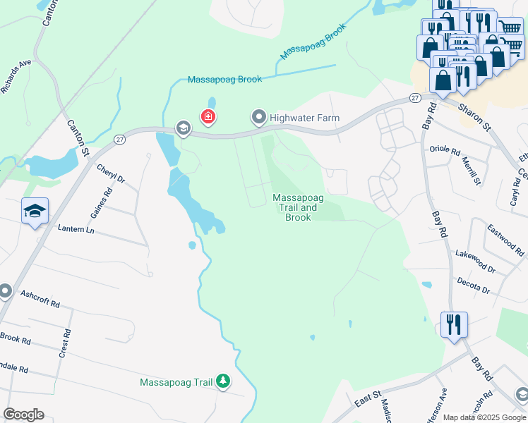 map of restaurants, bars, coffee shops, grocery stores, and more near 28 Gabriel Road in Sharon