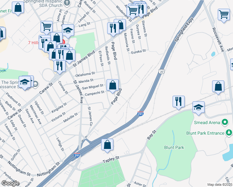 map of restaurants, bars, coffee shops, grocery stores, and more near 42 Redlands Street in Springfield