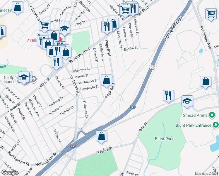 map of restaurants, bars, coffee shops, grocery stores, and more near 42 Redlands Street in Springfield