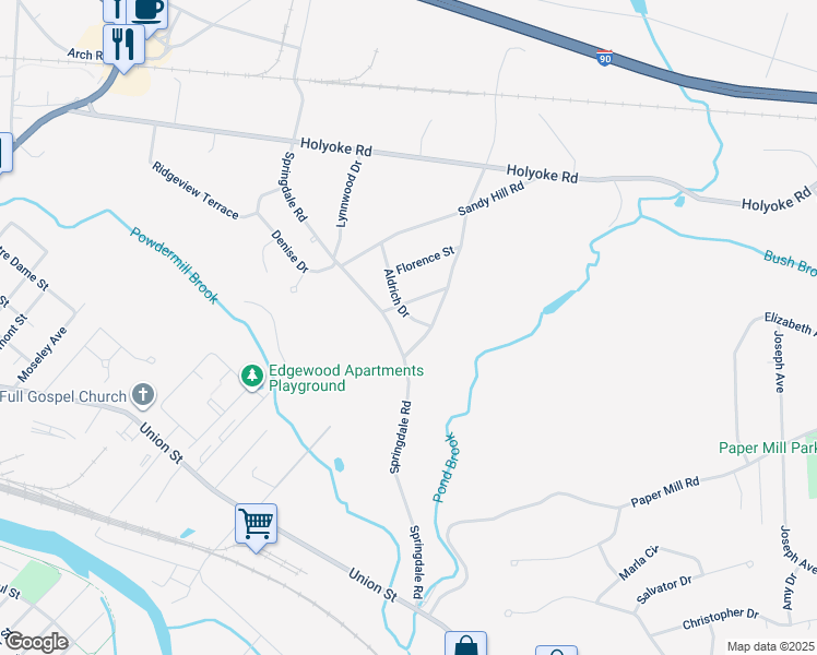 map of restaurants, bars, coffee shops, grocery stores, and more near 61 Aldrich Drive in Westfield