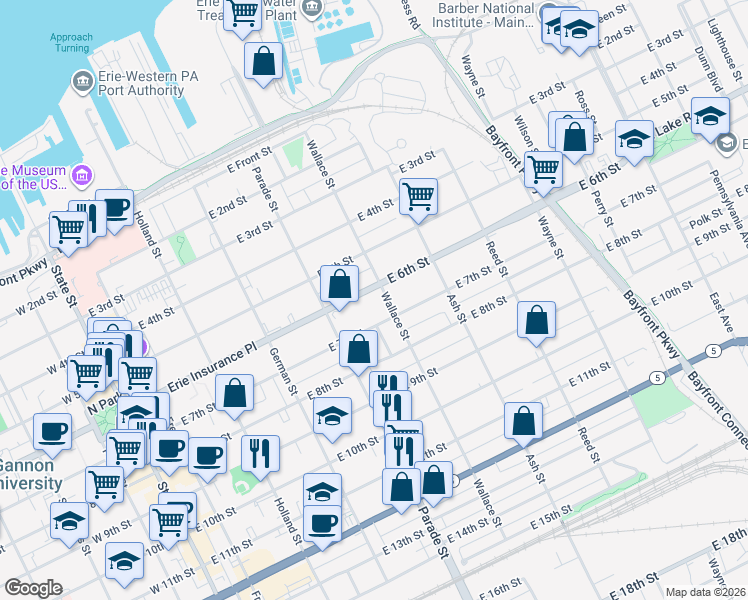 map of restaurants, bars, coffee shops, grocery stores, and more near in Erie