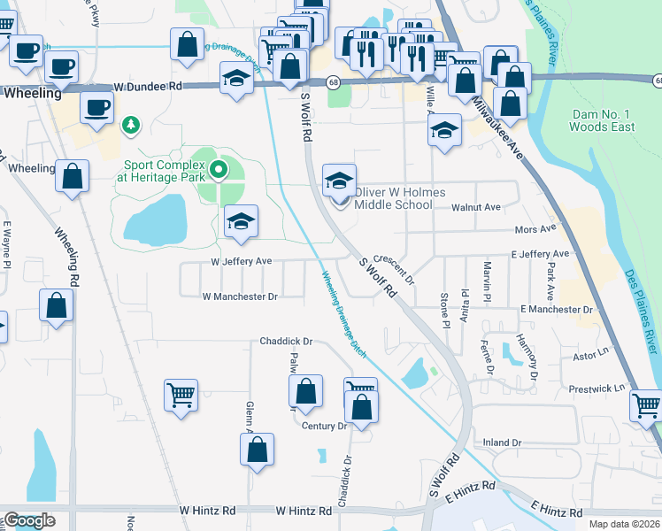 map of restaurants, bars, coffee shops, grocery stores, and more near 34 East Jeffery Avenue in Wheeling