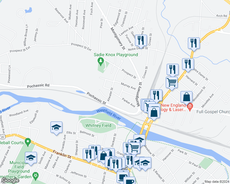 map of restaurants, bars, coffee shops, grocery stores, and more near 43 Parker Avenue in Westfield