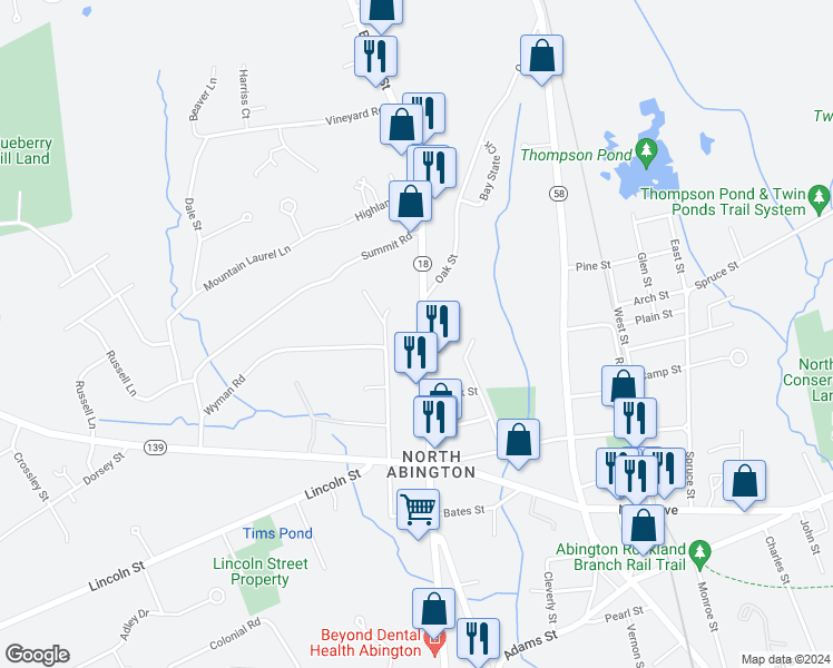 map of restaurants, bars, coffee shops, grocery stores, and more near 1064 Bedford Street in Abington