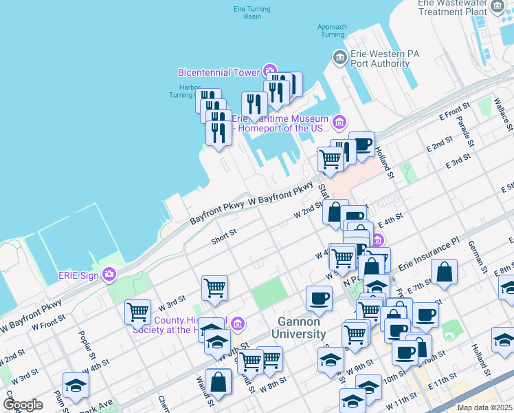 map of restaurants, bars, coffee shops, grocery stores, and more near Sassafras Street & West Front Street in Erie
