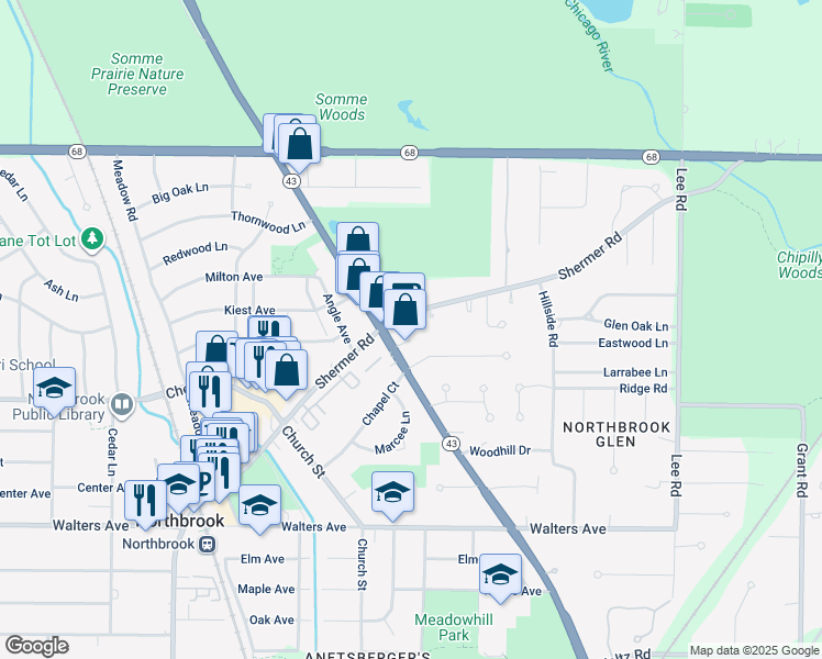 map of restaurants, bars, coffee shops, grocery stores, and more near 1067 Shermer Road in Northbrook
