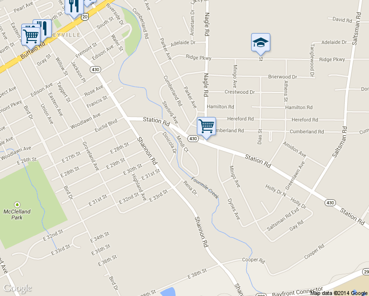 map of restaurants, bars, coffee shops, grocery stores, and more near Mindi Ct in Northwest Harborcreek