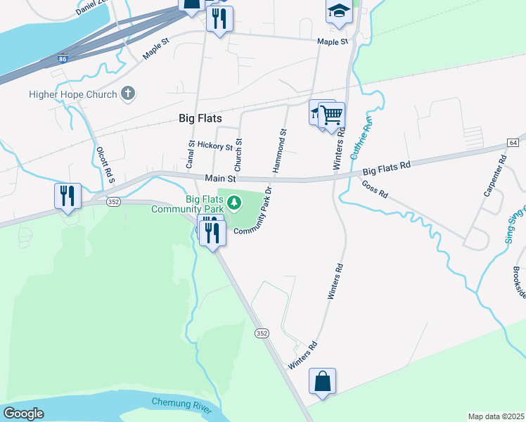 map of restaurants, bars, coffee shops, grocery stores, and more near Community Park Drive in Big Flats