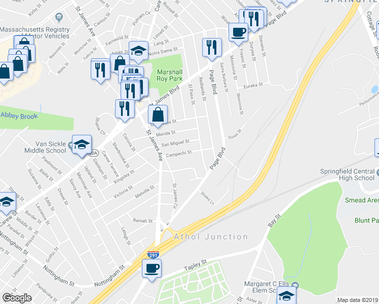 map of restaurants, bars, coffee shops, grocery stores, and more near 59 Campechi Street in Springfield