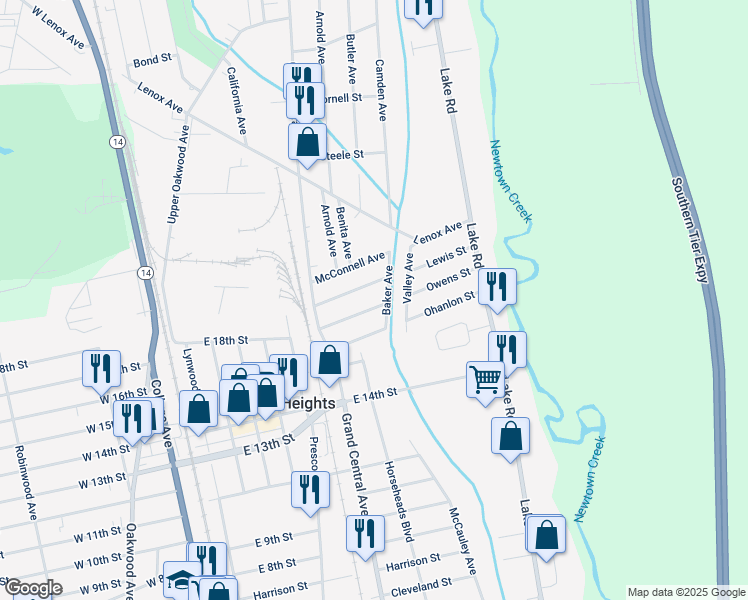 map of restaurants, bars, coffee shops, grocery stores, and more near 326 Owens Avenue in Elmira