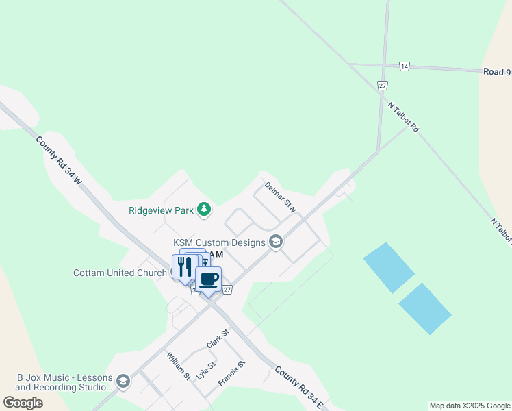 map of restaurants, bars, coffee shops, grocery stores, and more near 158 Delmer Crescent South in Kingsville