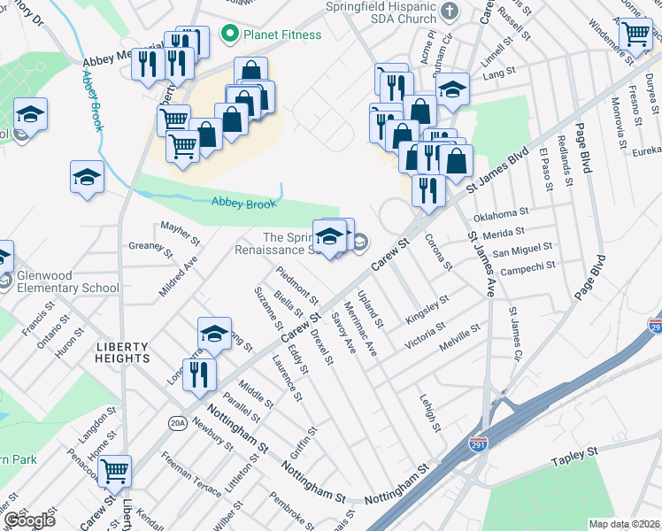 map of restaurants, bars, coffee shops, grocery stores, and more near 1170 Carew St in Springfield