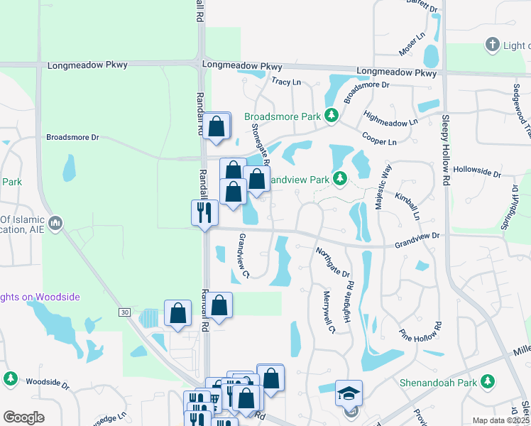 map of restaurants, bars, coffee shops, grocery stores, and more near 2470 Stonegate Road in Algonquin