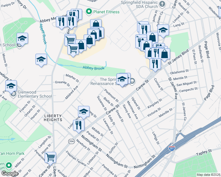 map of restaurants, bars, coffee shops, grocery stores, and more near 72 Glencoe Street in Springfield
