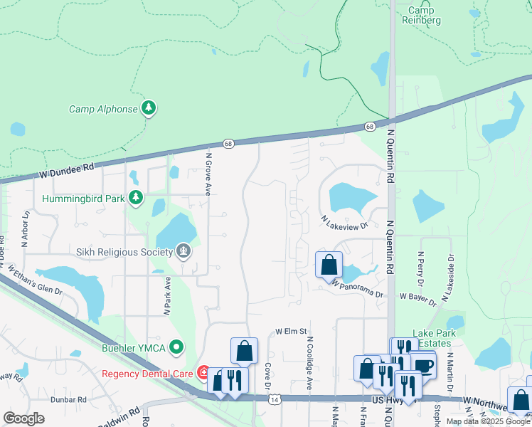 map of restaurants, bars, coffee shops, grocery stores, and more near 1295 North Sterling Avenue in Palatine