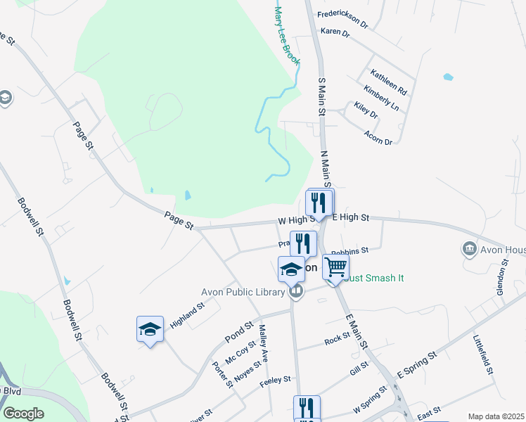 map of restaurants, bars, coffee shops, grocery stores, and more near 65 West High Street in Avon