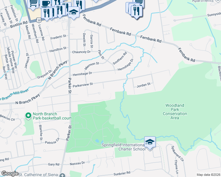 map of restaurants, bars, coffee shops, grocery stores, and more near 141 Parkerview Street in Springfield