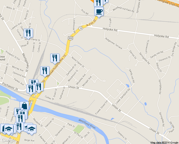 map of restaurants, bars, coffee shops, grocery stores, and more near 91 Moseley Avenue in Westfield