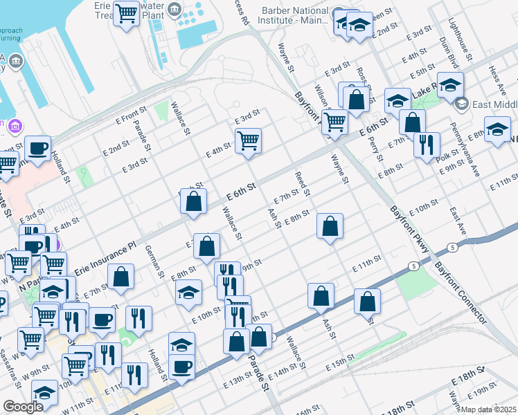 map of restaurants, bars, coffee shops, grocery stores, and more near 602 East 7th Street in Erie