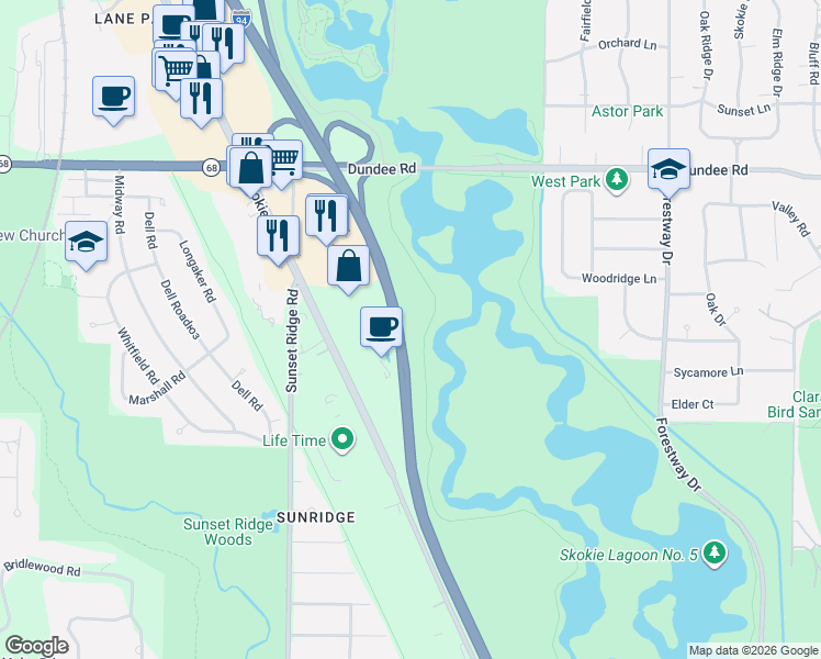 map of restaurants, bars, coffee shops, grocery stores, and more near North Branch Trail in Cook County