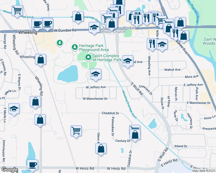map of restaurants, bars, coffee shops, grocery stores, and more near 36 West Jeffery Avenue in Wheeling