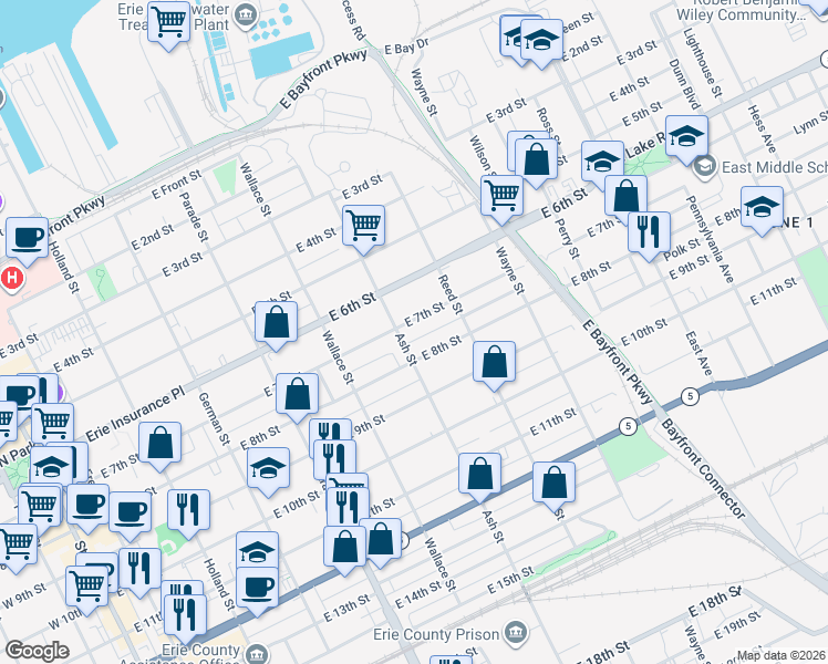 map of restaurants, bars, coffee shops, grocery stores, and more near 637 East 7th Street in Erie