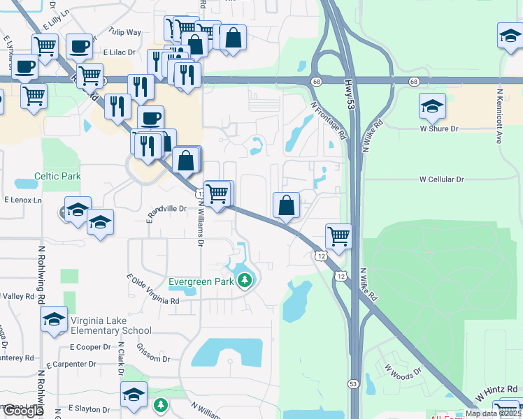 map of restaurants, bars, coffee shops, grocery stores, and more near 1302 East Ports O Call Drive in Palatine