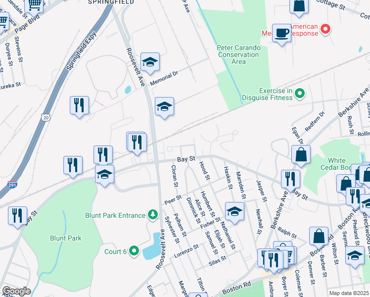 map of restaurants, bars, coffee shops, grocery stores, and more near 64 Fernald Street in Springfield