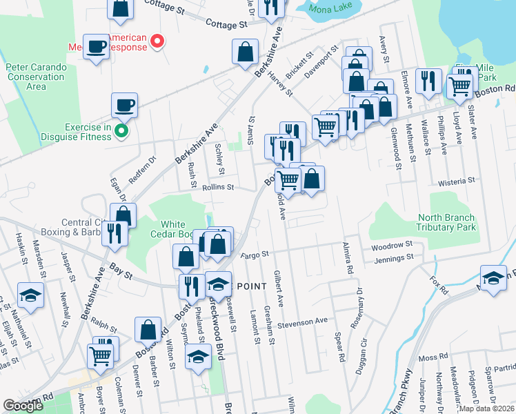 map of restaurants, bars, coffee shops, grocery stores, and more near 349 Boston Road in Springfield