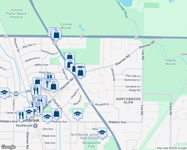 map of restaurants, bars, coffee shops, grocery stores, and more near 1032 Whitehall Drive in Northbrook