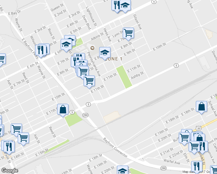 map of restaurants, bars, coffee shops, grocery stores, and more near 1109 Pennsylvania Avenue in Erie