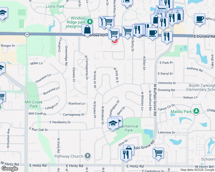 map of restaurants, bars, coffee shops, grocery stores, and more near 3135 North Walker Lane East in Arlington Heights
