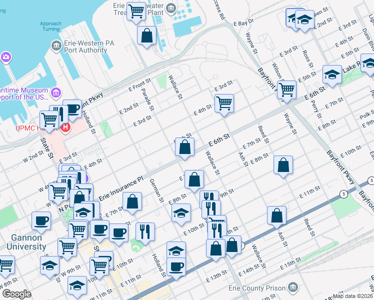 map of restaurants, bars, coffee shops, grocery stores, and more near 426 E 6th St in Erie