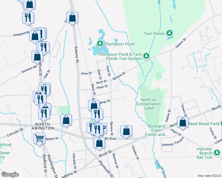 map of restaurants, bars, coffee shops, grocery stores, and more near 199 Spruce Street in Abington