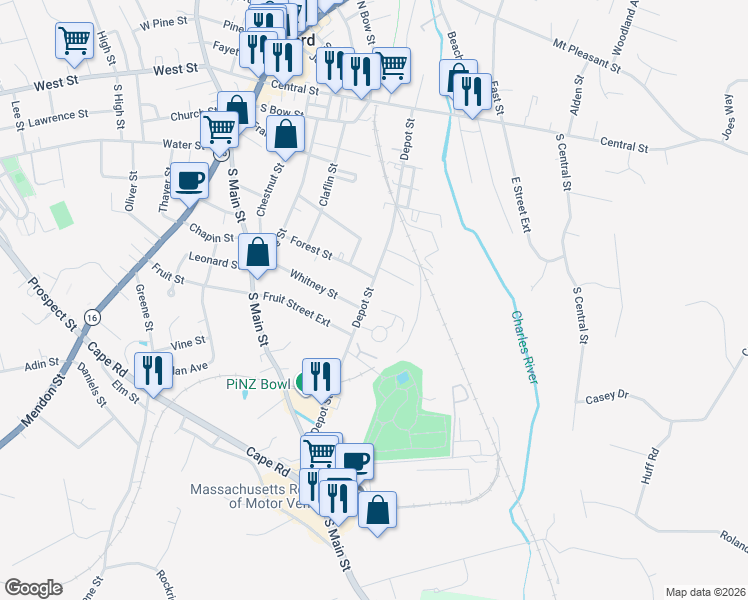 map of restaurants, bars, coffee shops, grocery stores, and more near 92 Depot Street in Milford