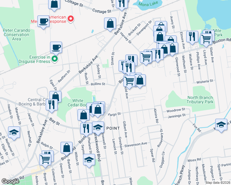map of restaurants, bars, coffee shops, grocery stores, and more near 349 Boston Road in Springfield