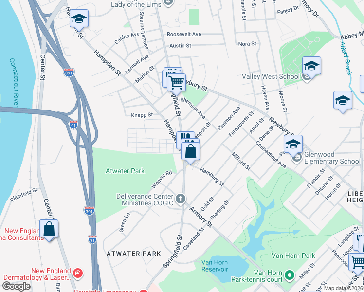 map of restaurants, bars, coffee shops, grocery stores, and more near 581 Springfield Street in Chicopee
