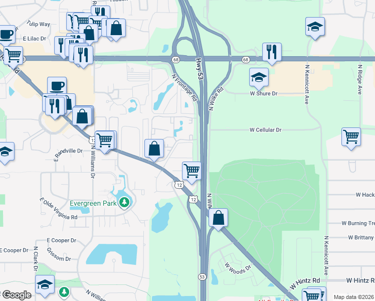 map of restaurants, bars, coffee shops, grocery stores, and more near 1218 East Long Valley Drive in Palatine