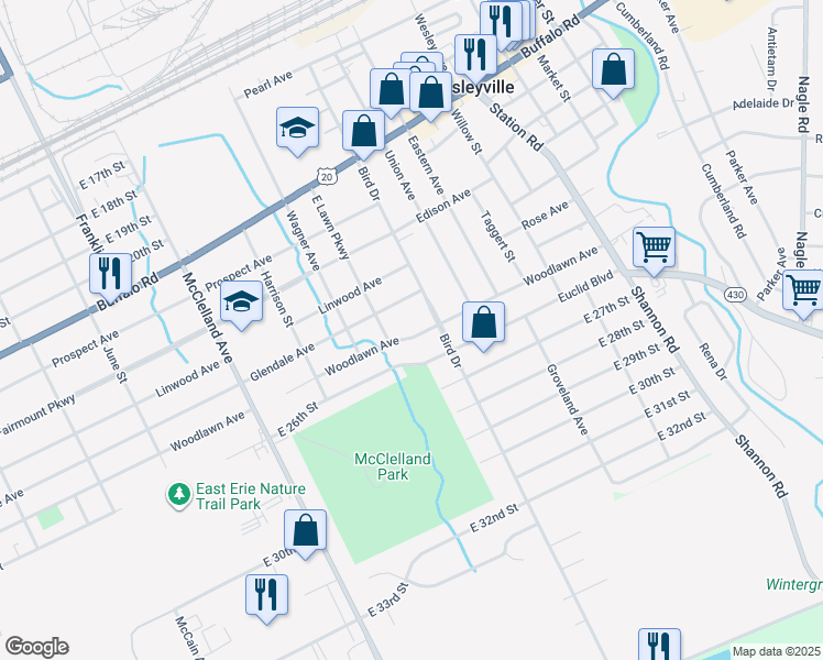 map of restaurants, bars, coffee shops, grocery stores, and more near 2624 Woodlawn Avenue in Erie